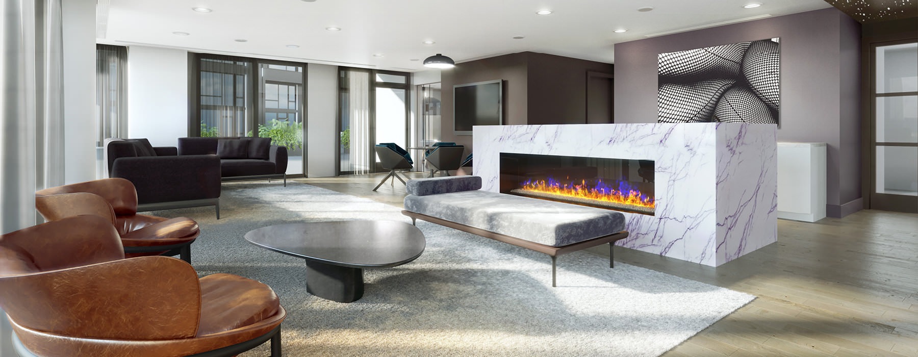 open Rigby lounge with fireplace seating and recessed lighting throughout